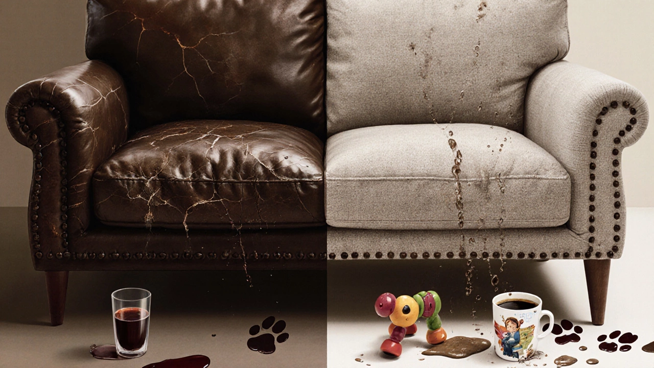 Leather sofa with stains versus performance fabric repelling spills, side-by-side comparison.