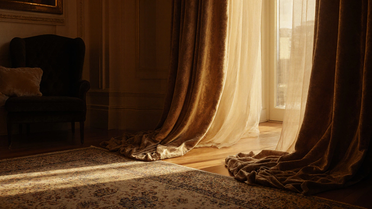 Luxurious velvet curtains gently touching the floor over a Persian rug