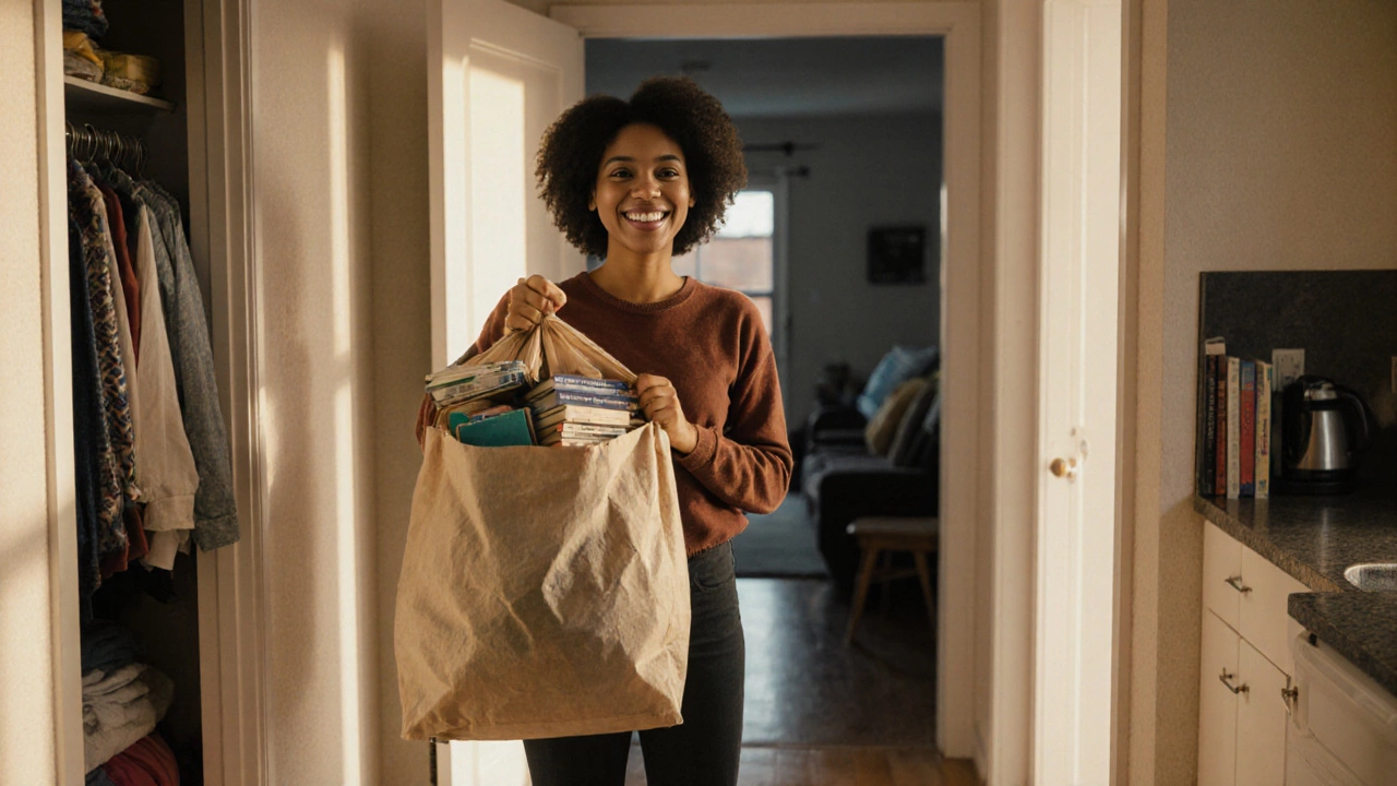 Person holding donation bag, standing between organized bathroom and kitchen, cluttered areas blurred behind.