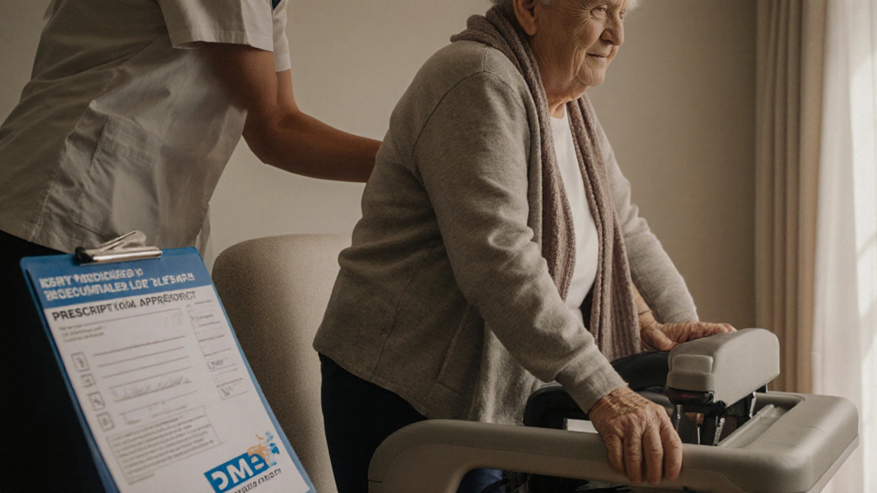 Physical therapist helping a senior stand using a Medicare-approved lift chair at home.