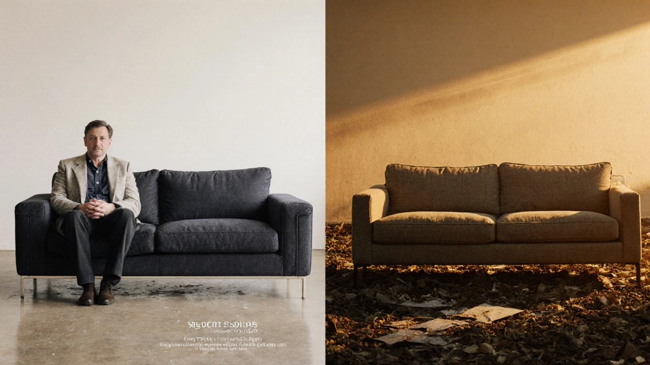 Split image: a durable luxury sofa enduring time versus a discarded cheap sofa in a landfill.