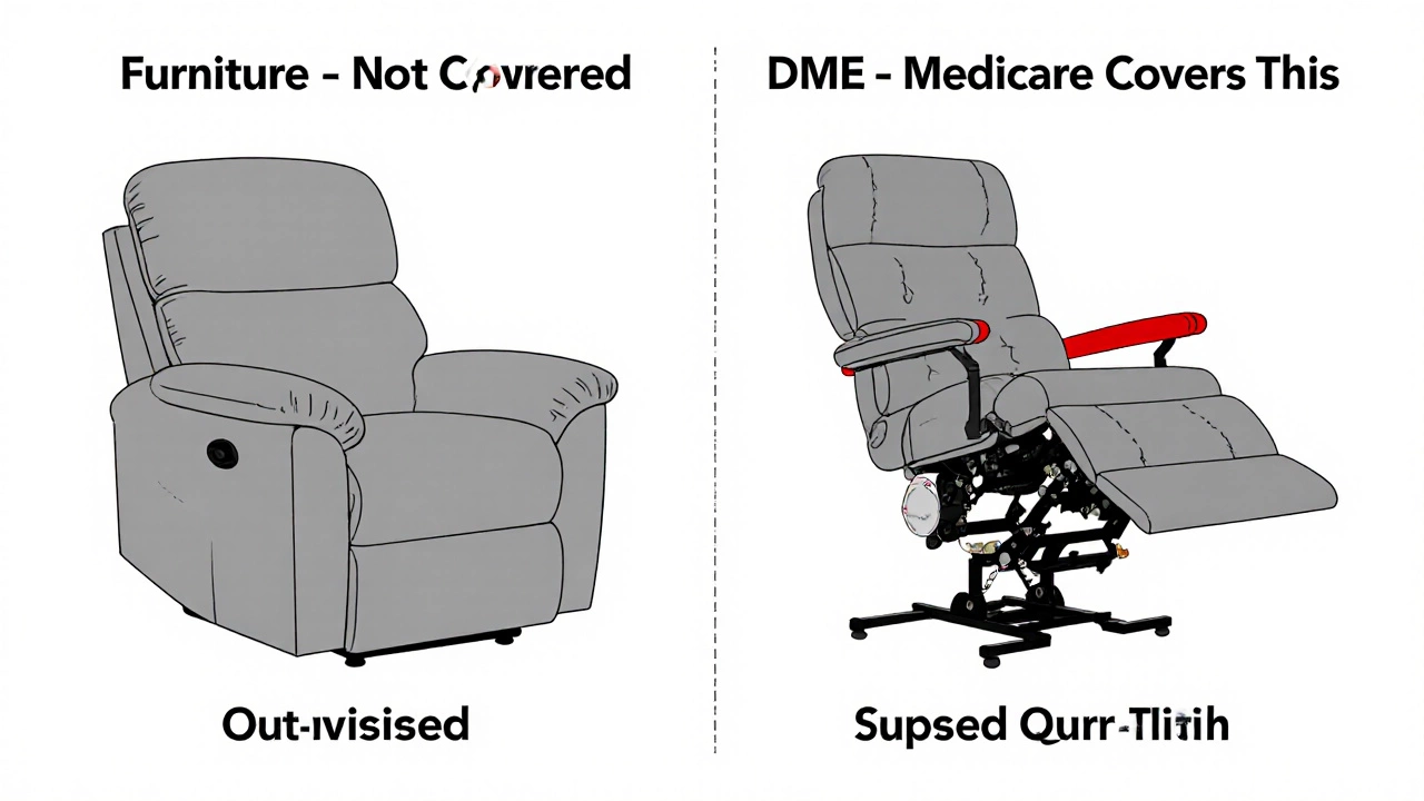 Split image comparing a regular recliner (not covered) and a lift chair (Medicare-covered).