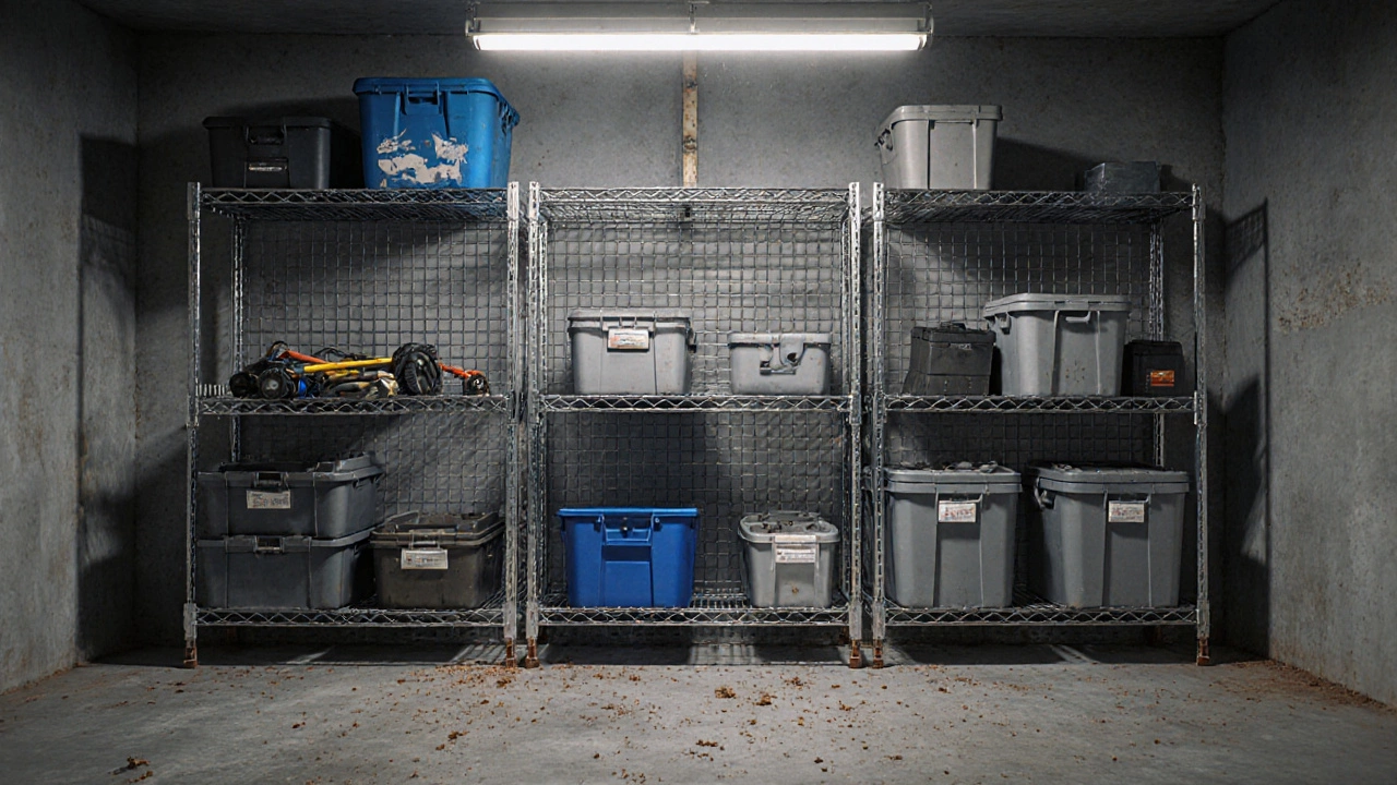 Wire shelves in a garage holding tools and bins with dust falling through gaps.