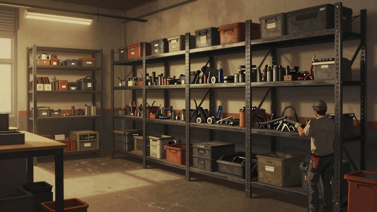 100 medium-duty steel shelves in a workshop filled with tools and parts.