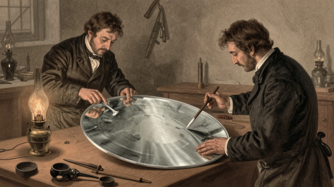 19th-century craftsmen polishing a large flat mirror in a dimly lit workshop with traditional tools.