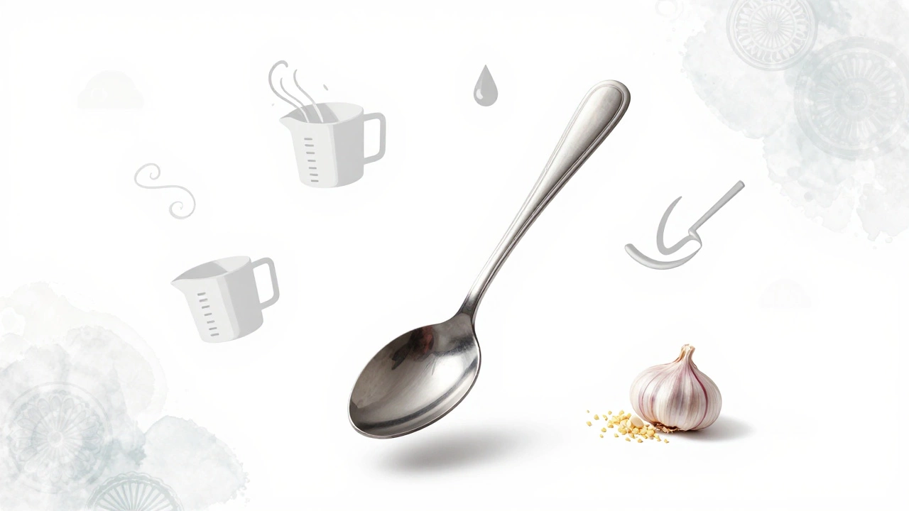 A central spoon surrounded by icons of its many kitchen uses in a minimalist artistic style.