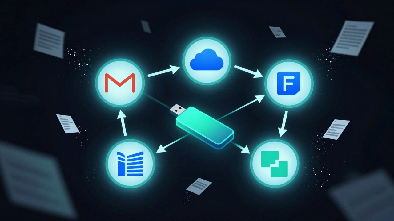 Abstract network of glowing storage nodes with dissolving digital clutter in dark, neon-lit environment.