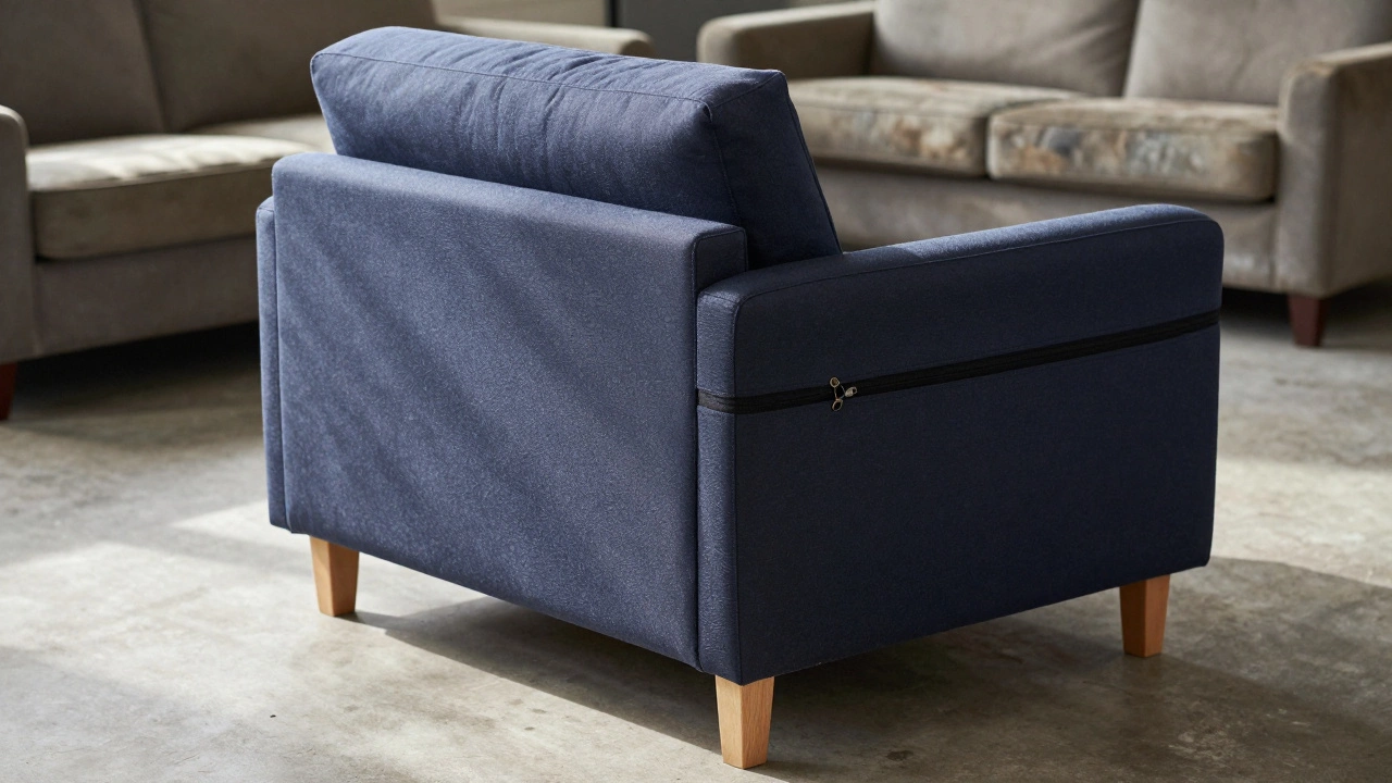Back view of a well-constructed sofa with removable cushions and screwed feet, emphasizing quality design.