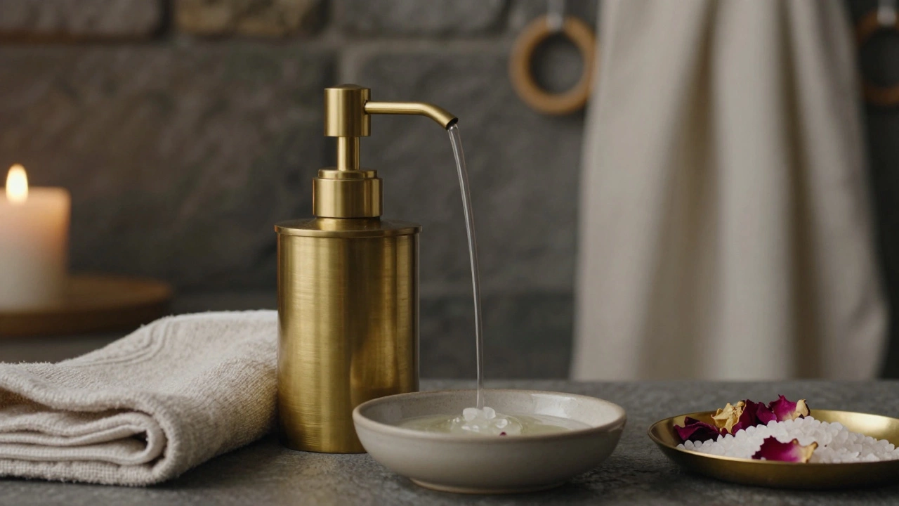 Brushed brass soap dispenser pouring soap beside linen towel and rose petals on a ceramic dish.