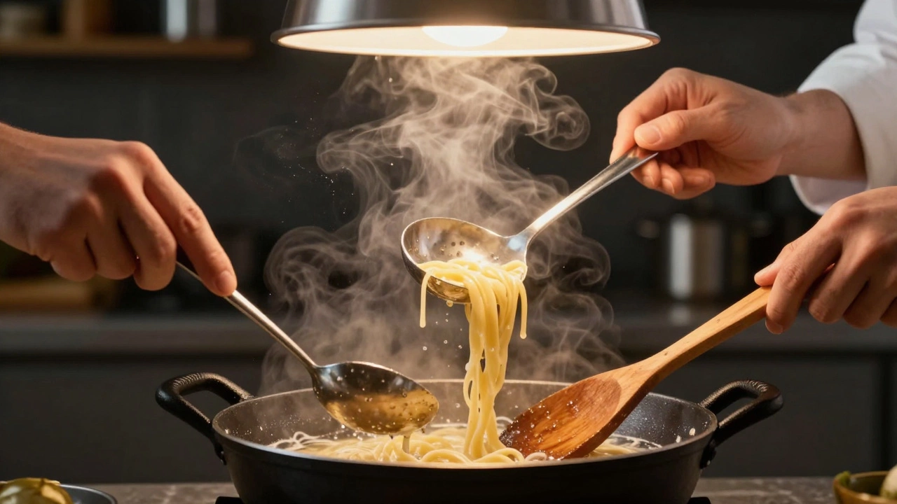 Chef's hands using different spoons to cook, lift pasta, and taste sauce in a professional kitchen.