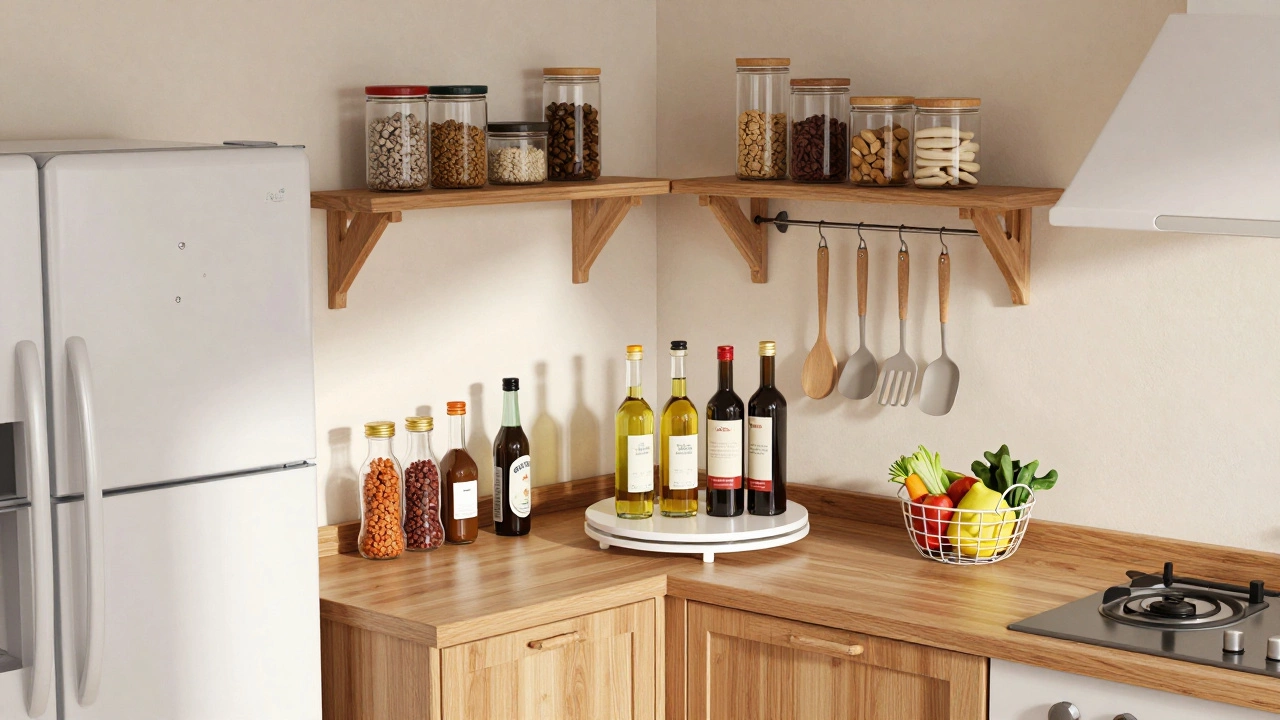 Corner kitchen cabinet with lazy Susan holding spices, sunlight glinting on clear containers.