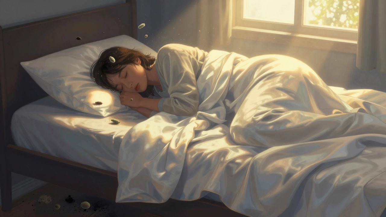 Dust mites rising from dirty sheets while clean bedding glows in sunlight