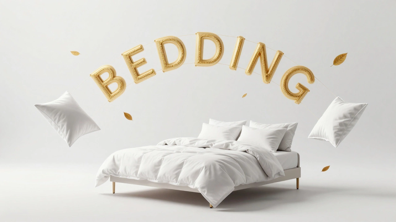 Floating bed linens connected by golden threads forming the word &#039;BEDDING&#039;.