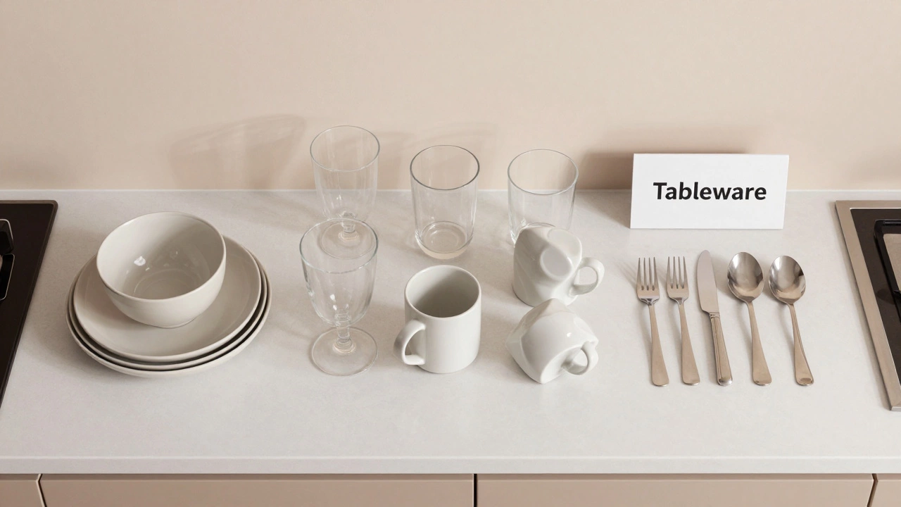 Kitchen countertop organized with dinnerware, drinkware, and flatware labeled as tableware.