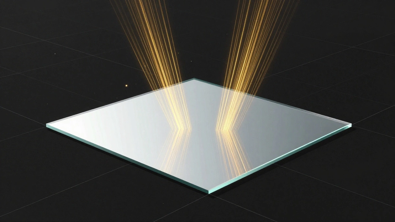 Light rays bouncing symmetrically off a flat mirror surface with geometric grid lines in the background.