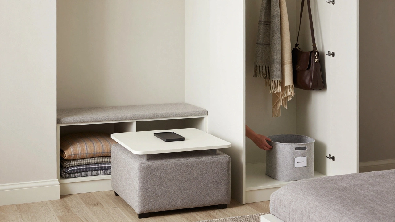 Multi-functional furniture: storage ottoman, bench with hidden compartment, and closet door hooks.