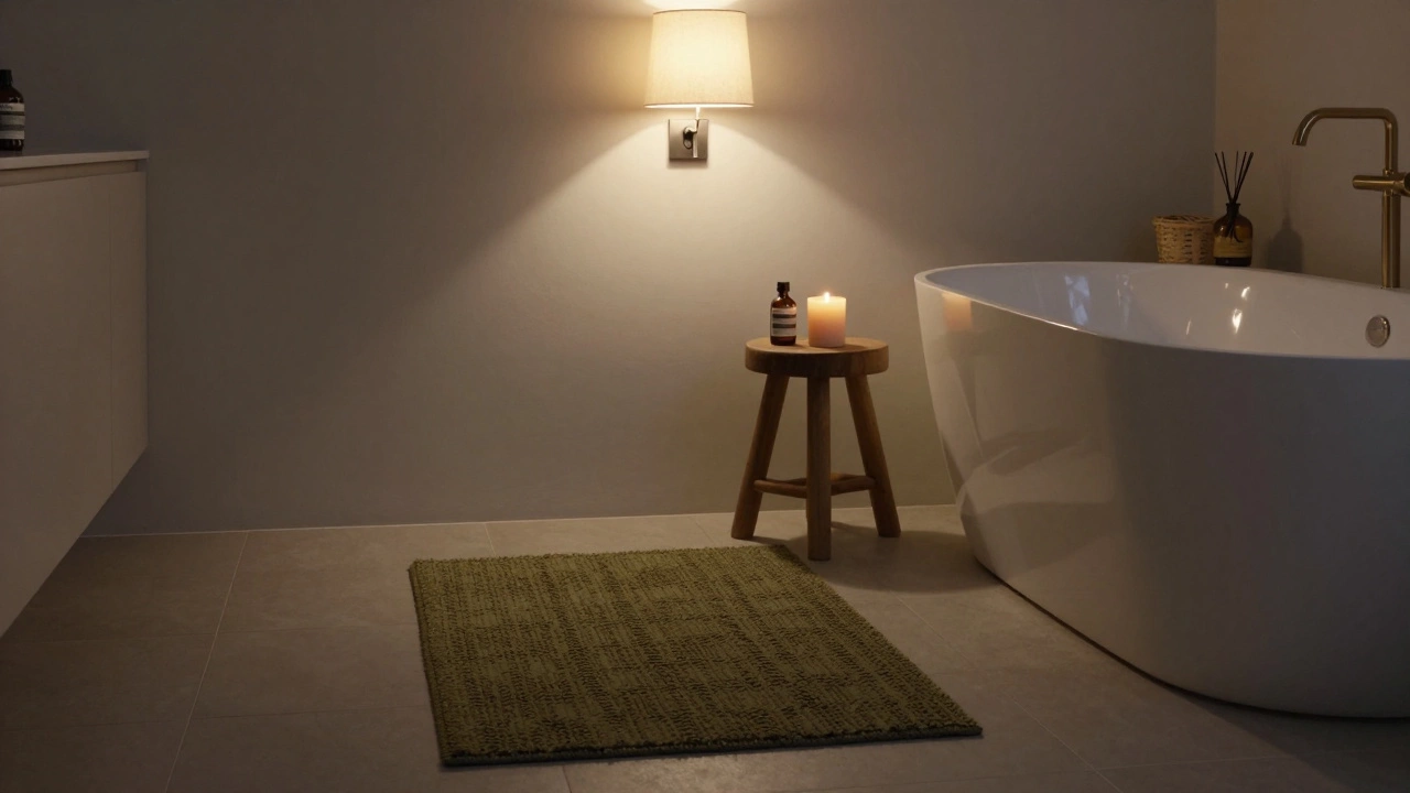 Olive rug before a tub with wooden stool, candle, and diffuser in a quiet, clutter-free bathroom.