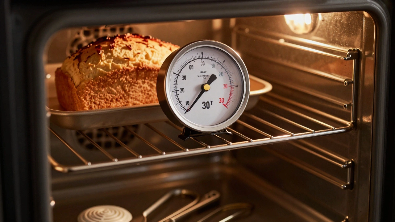 Oven thermometer showing incorrect temperature beside a baked loaf, with unused gadgets in shadow.