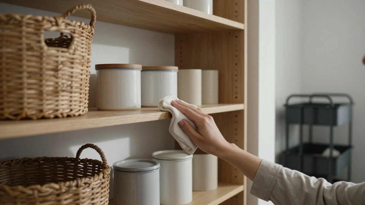 Person wiping dust from open shelves in a small apartment kitchen.