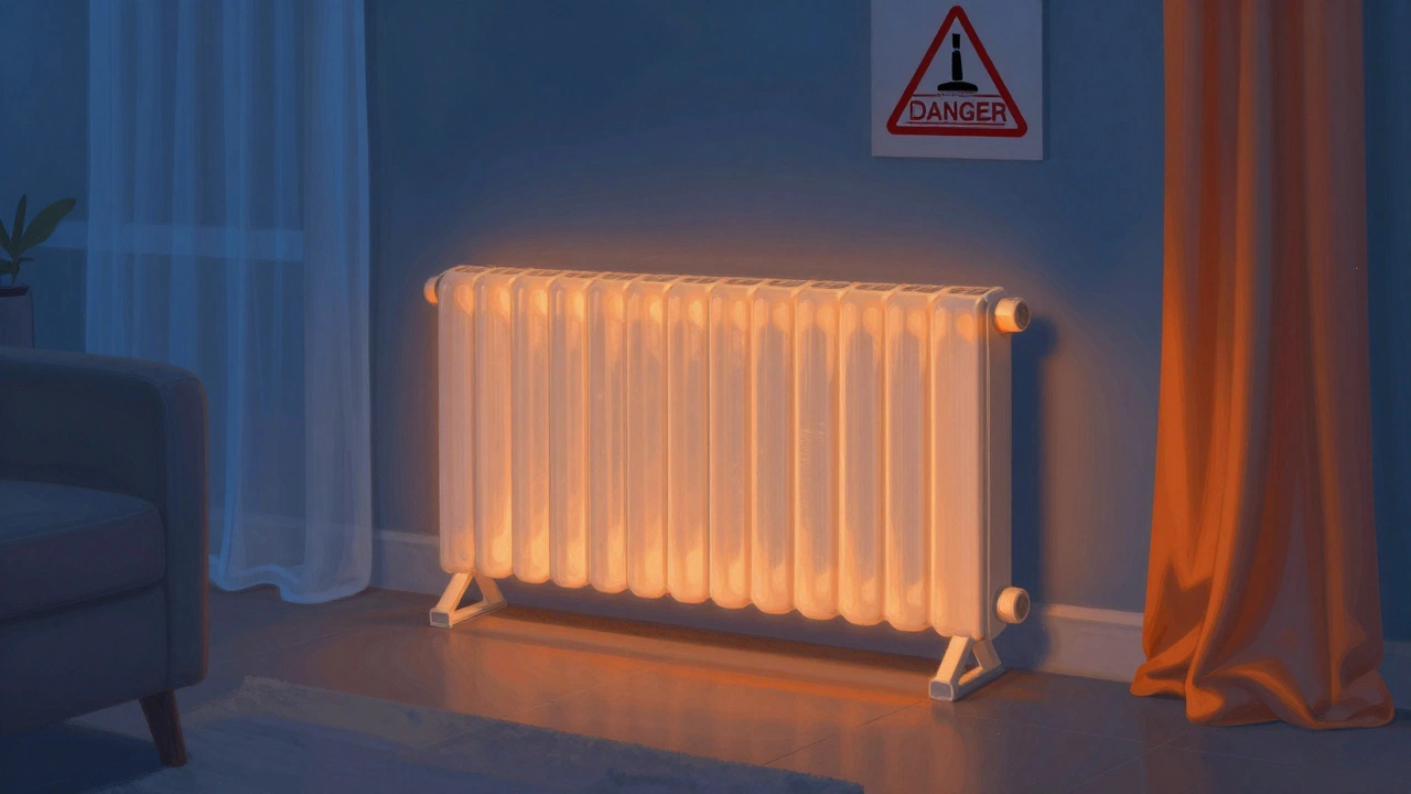Safety zone around a baseboard heater with curtains and furniture kept at a safe distance.