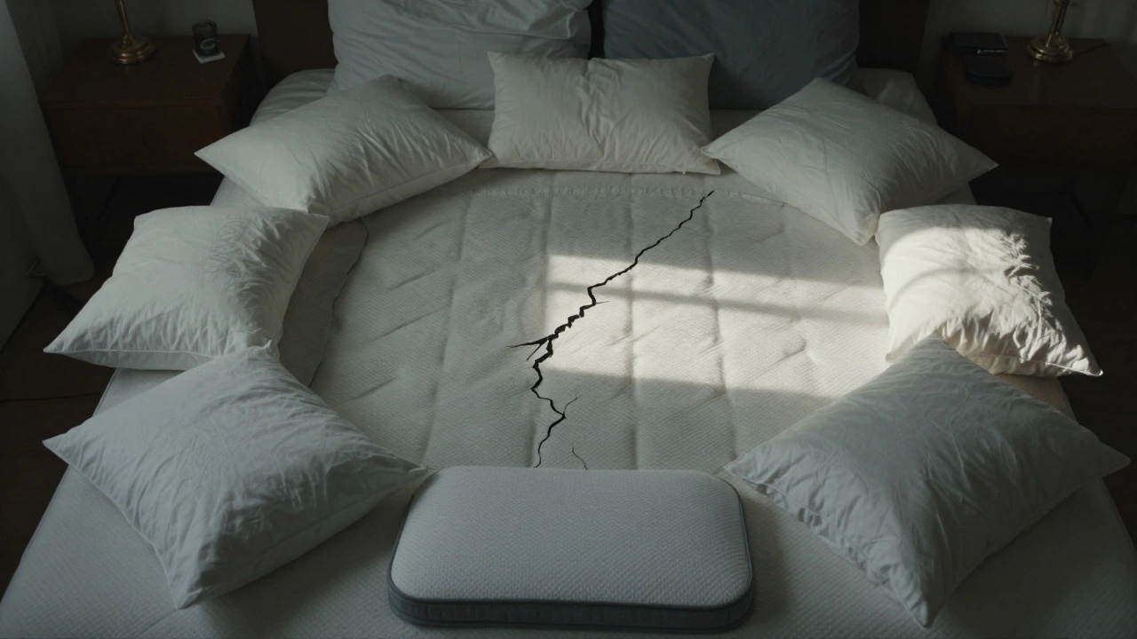 Sagging mattress surrounded by discarded bedding items in timeline arrangement