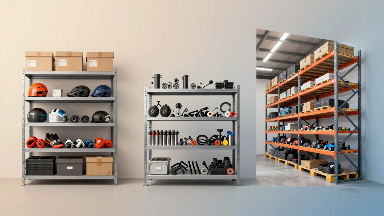 Side-by-side comparison of light, medium, and industrial storage racks.