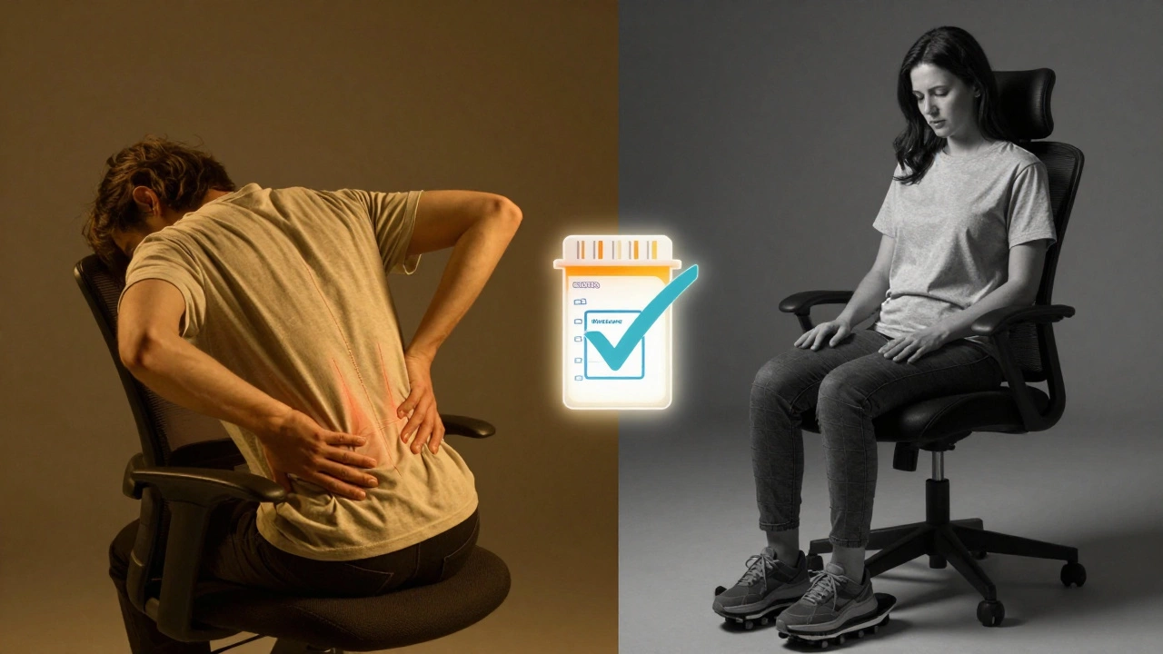 Split image: person in pain on hard chair vs. comfortable on medical cushion, connected by prescription.