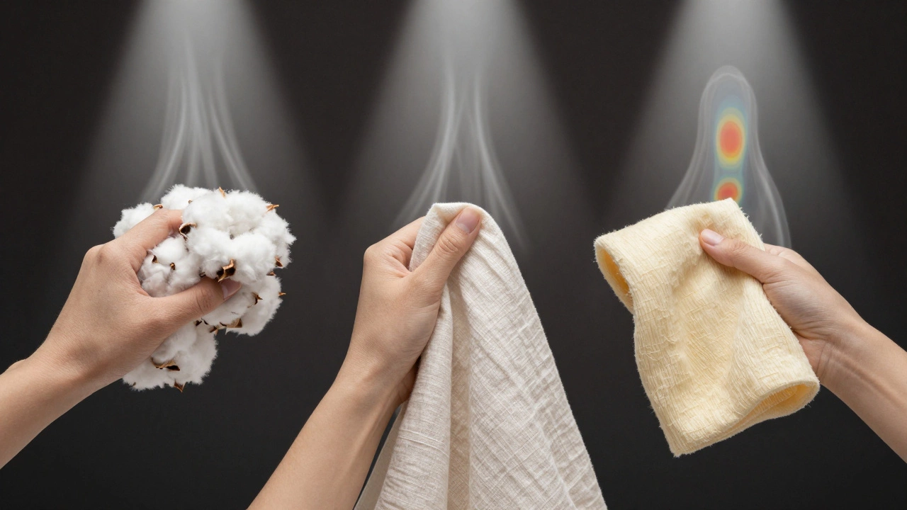 Three hands holding cotton, linen, and bamboo fabrics with air flow and thermal contrast, symbolizing breathability.