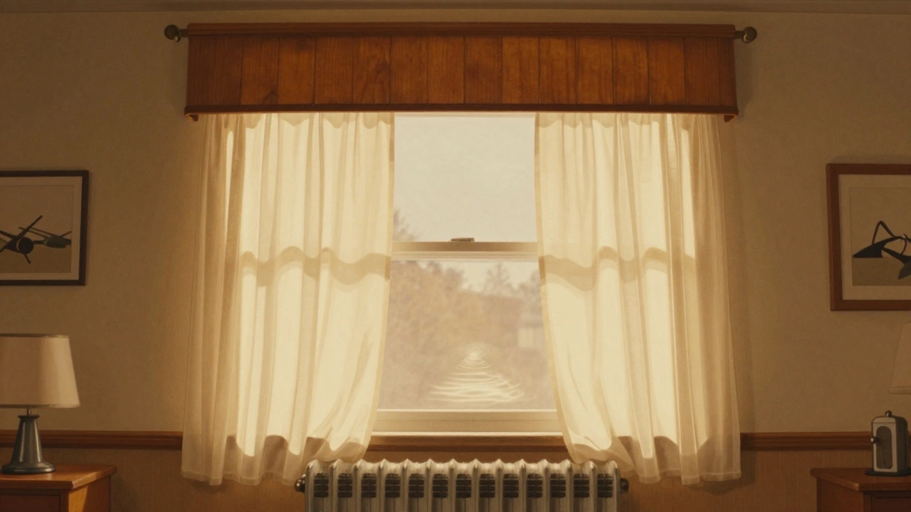 Wooden valance above a window concealing a heater, with sheer curtains hanging safely above it.