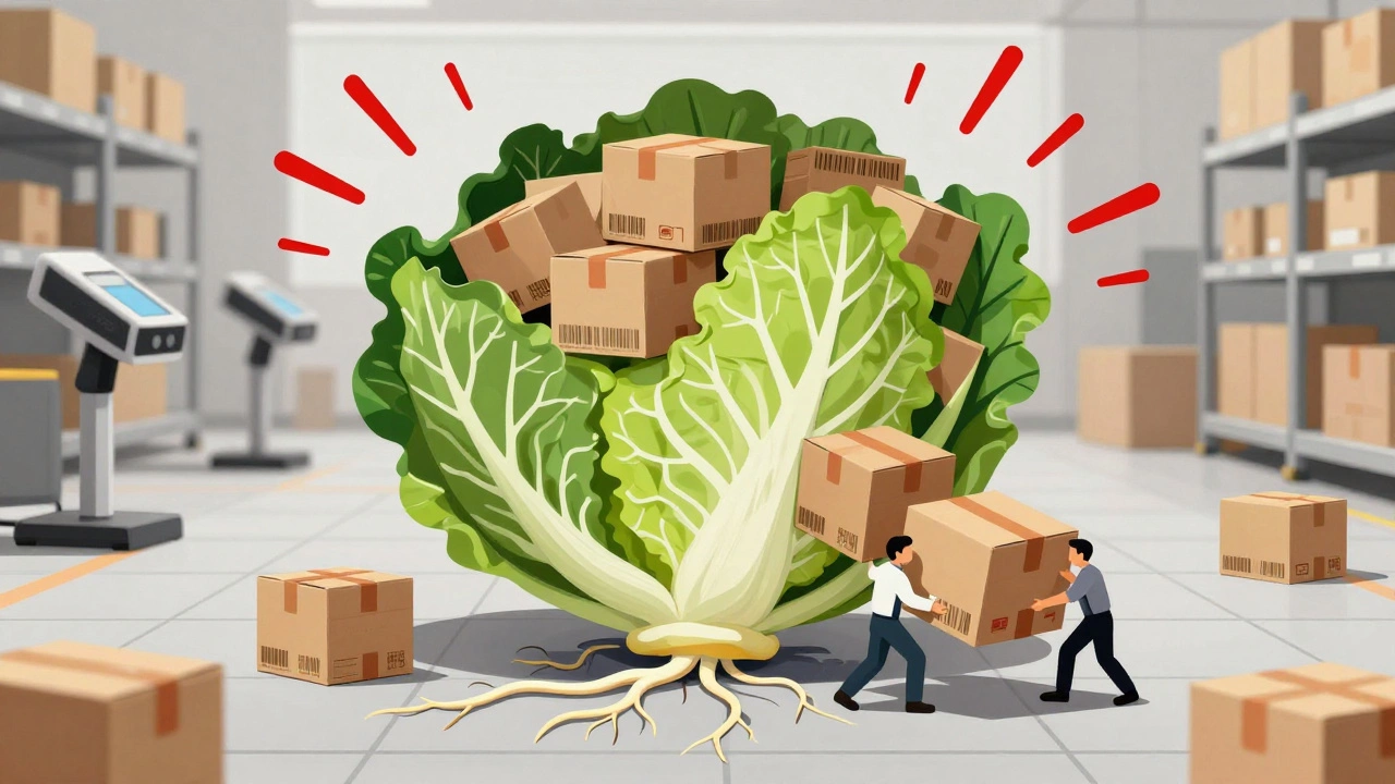 A giant cabbage made of shipping boxes blocking a warehouse, with tiny workers trying to retrieve items.