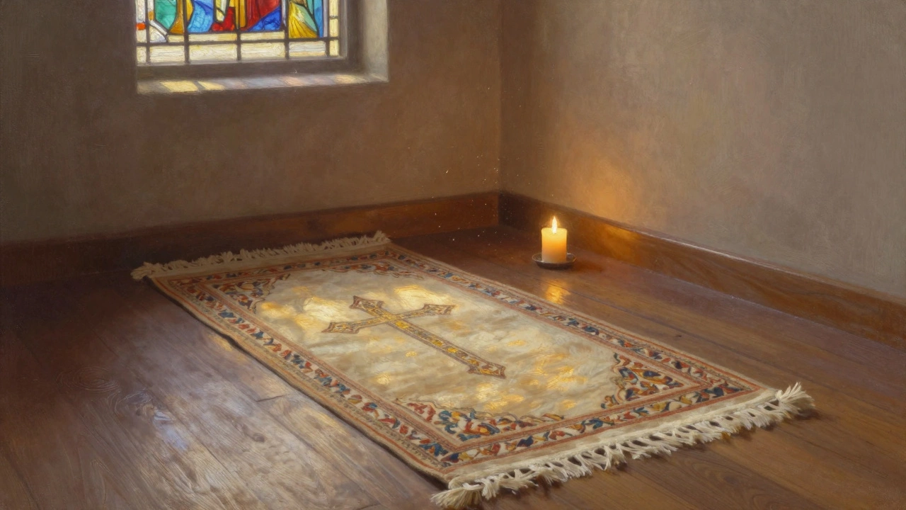 A handmade prayer rug with an embroidered cross, lit by candlelight and stained glass in a chapel.