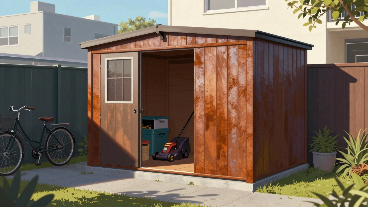 A modern composite shed in an urban yard with bikes and lawn equipment visible inside.