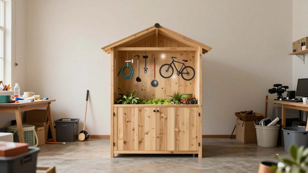 A shed transforming clutter into calm, with tools floating peacefully in a serene space.