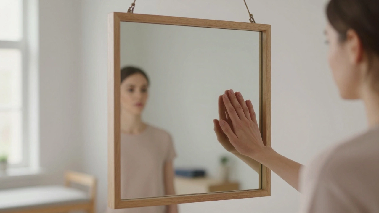 A true mirror in a calm therapy room, lit by soft daylight, with a hand touching the glass.