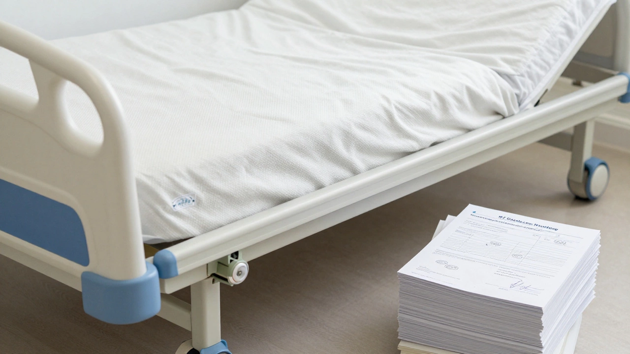 Basic medical adjustable bed with DHB funding sticker beside rejected luxury bed brochures.