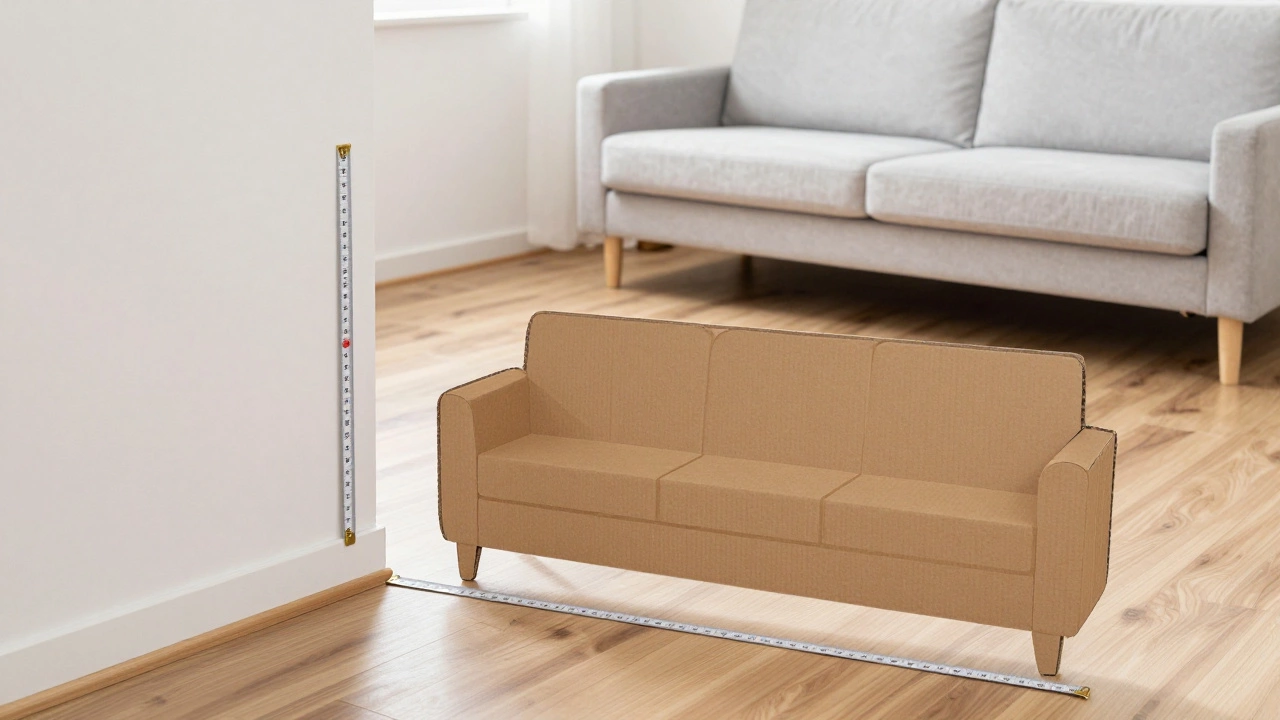 Cardboard sofa outline on floor with tape measure, showing room dimensions for small-space planning.