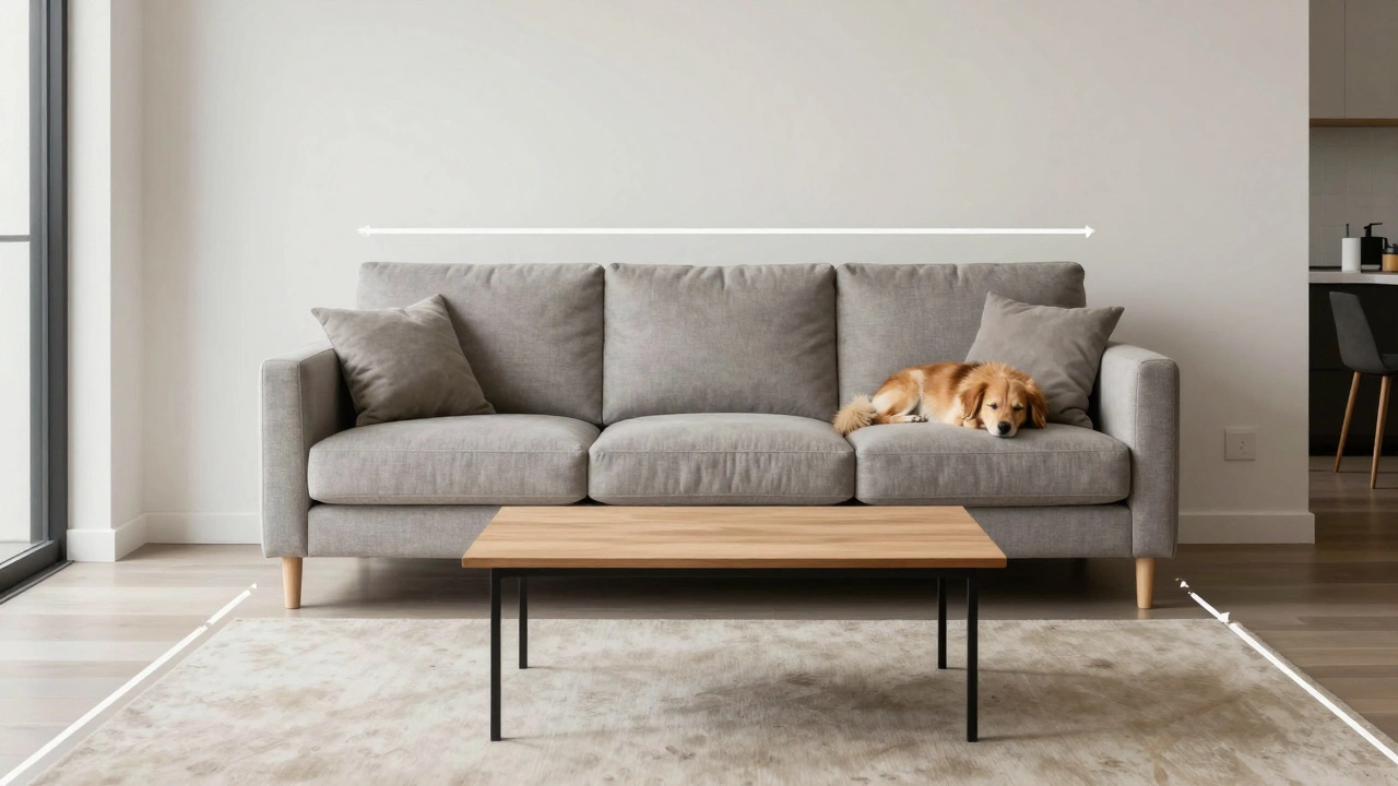 Compact sofa in a small apartment with tape outlines on the floor, coffee table, and pet resting on it.