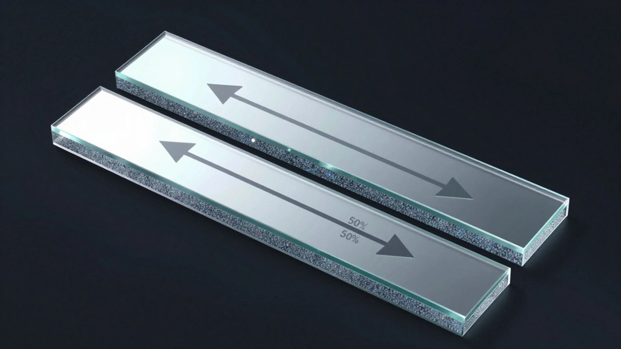 Cross-section diagram of a true mirror showing dual glass layers and a thin reflective coating.