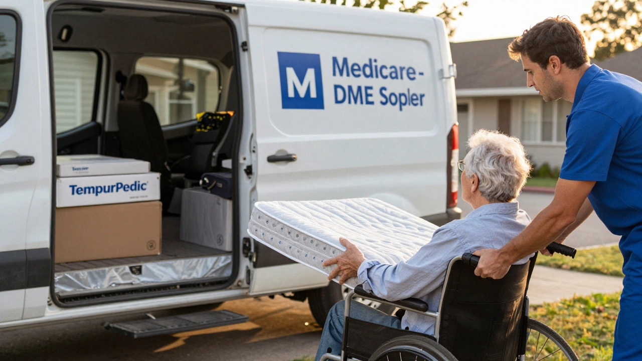 Elderly patient in wheelchair watching a DME technician deliver a therapeutic mattress outside their home.