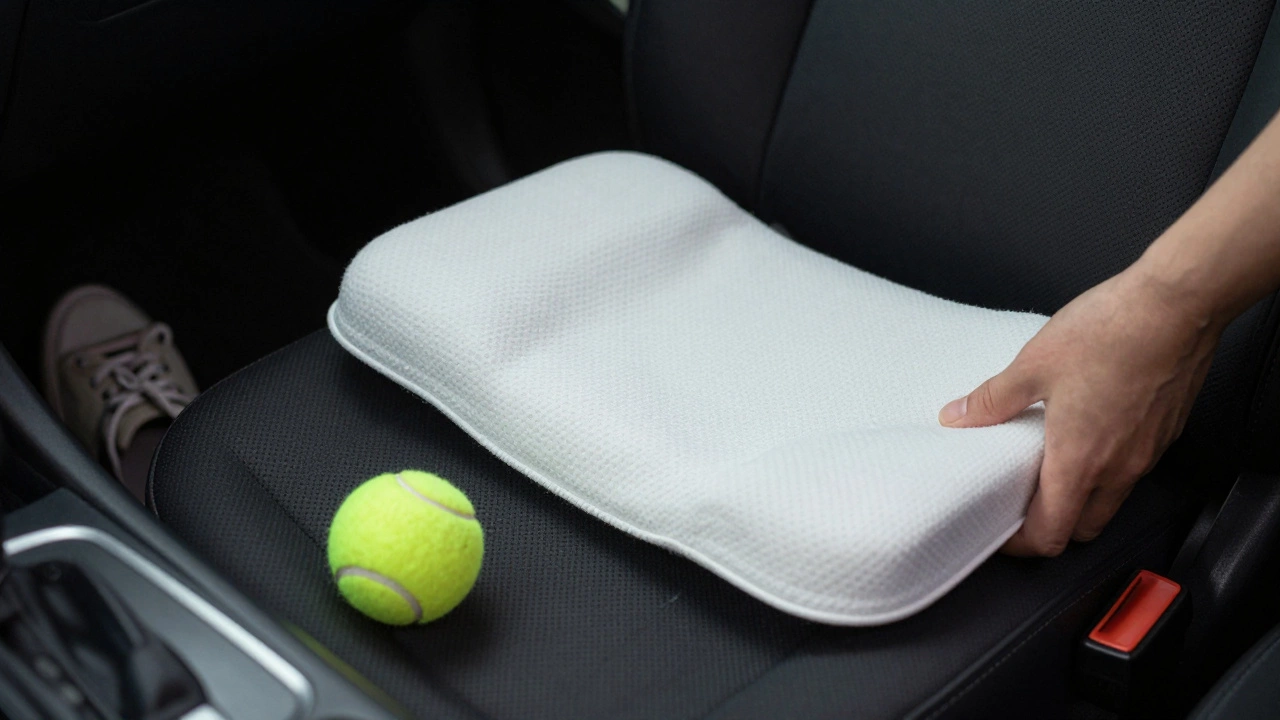 Hand placing a sciatica wedge cushion into a car seat, with a tennis ball and footstool nearby for support.