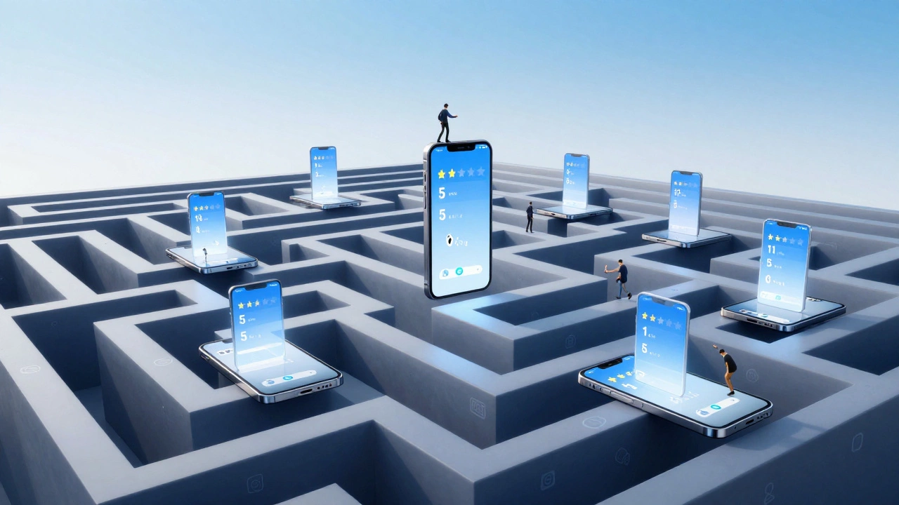 Labyrinth of smartphone screens displaying 1-to-5 ratings, with tiny people chasing higher scores in a digital maze.