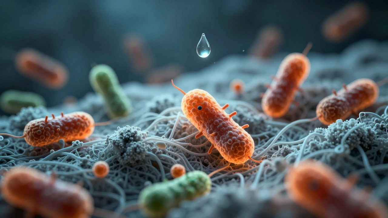 Microscopic view of bacteria and mold growing on towel fibers with glowing organisms.