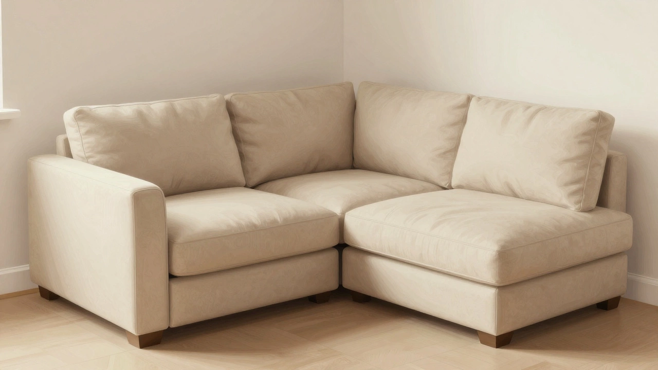 Modular corner sofa in beige with hidden storage, fitted neatly in a room's corner.