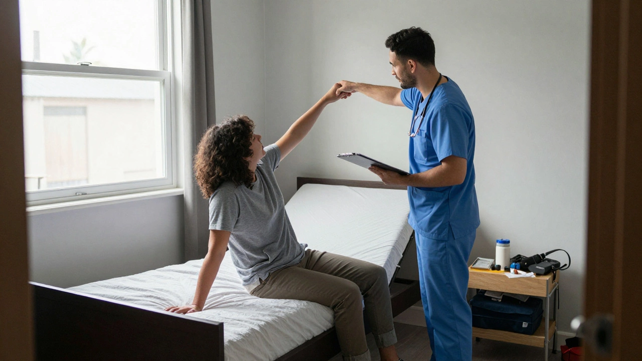 Occupational therapist assessing a patient's mobility in bedroom with standard bed.