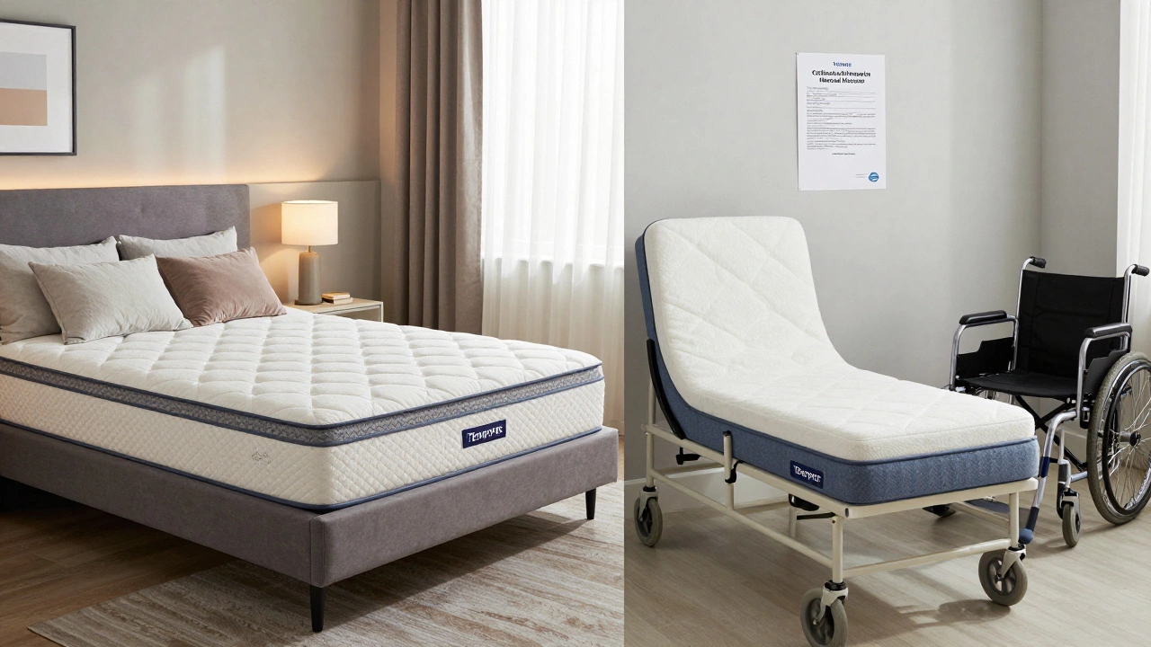Side-by-side comparison of a luxury TempurPedic mattress and a Medicare-approved medical mattress in home environments.