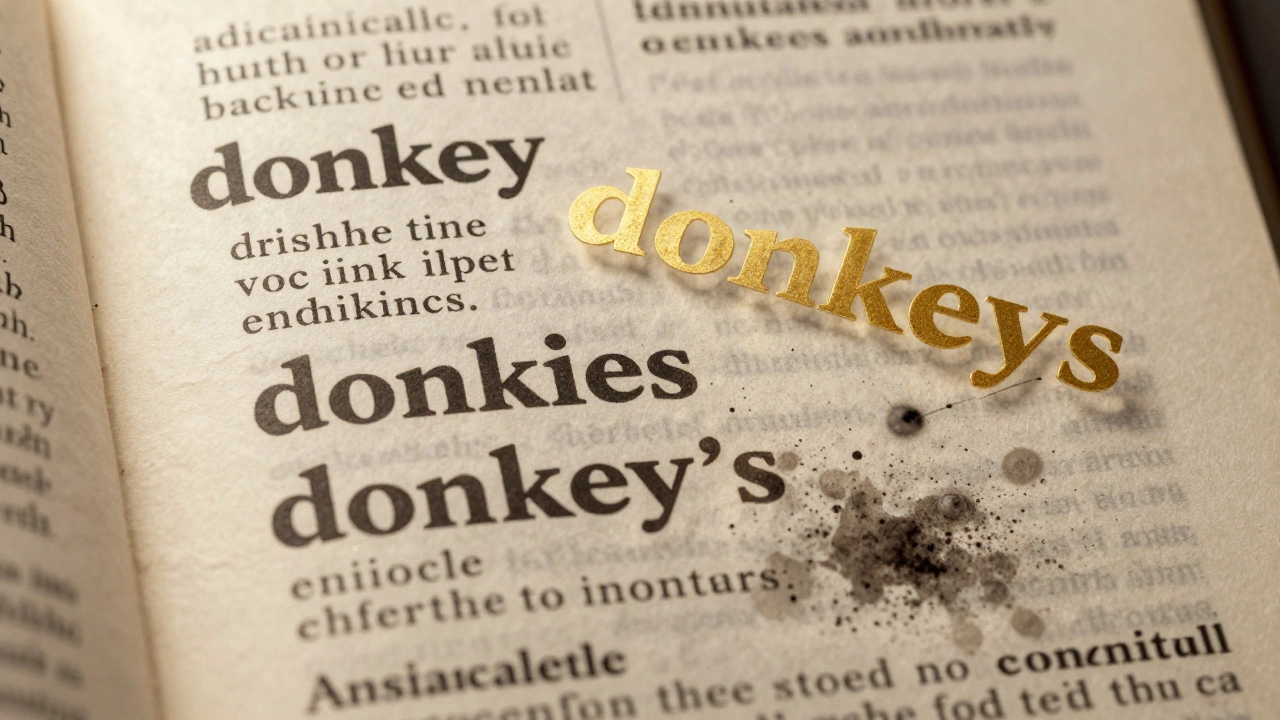 The word 'donkey' transforming into 'donkeys' with incorrect forms crumbling away