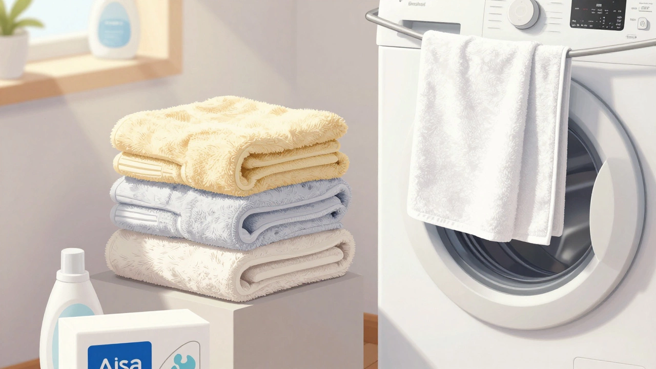 Three used towels next to a washing machine, one stained, another fresh and drying in sunlight.