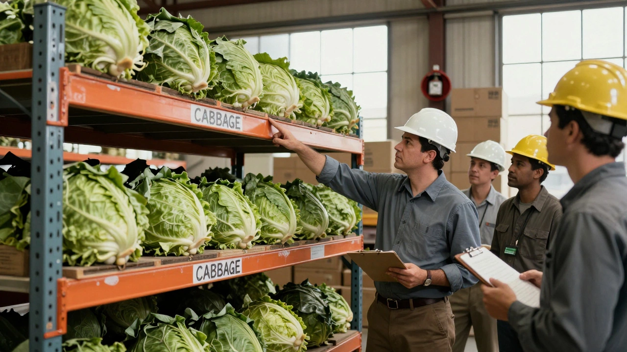 Warehouse supervisor pointing at a dangerously stacked shelf marked 'CABBAGE' with workers nearby.
