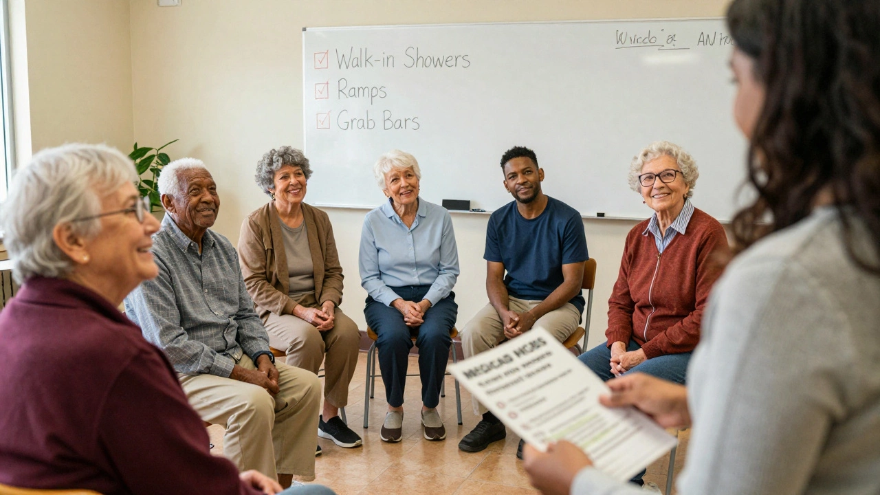 A social worker explaining home modification programs to a group of seniors in a community center.