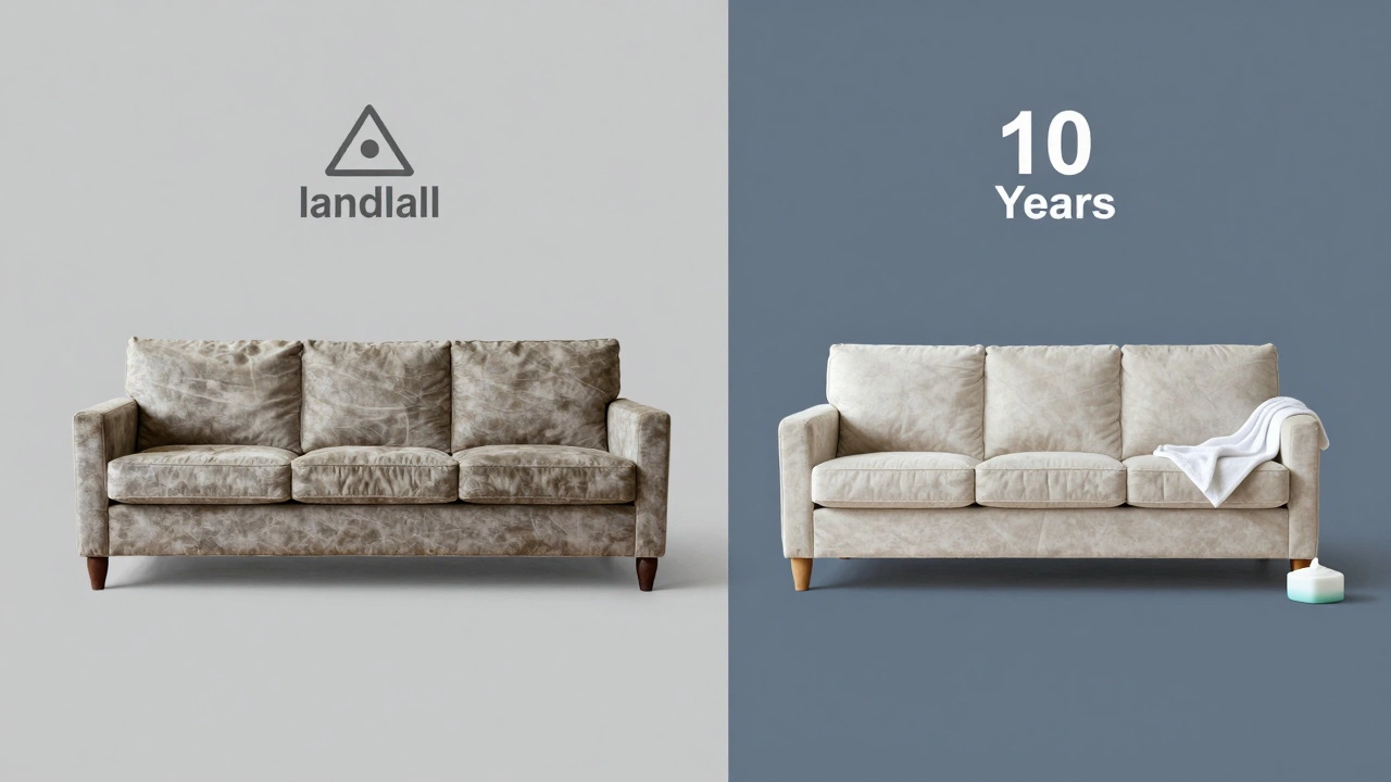A sofa's lifespan contrast: faded fabric in storage versus a decade-old performance fabric still looking new.